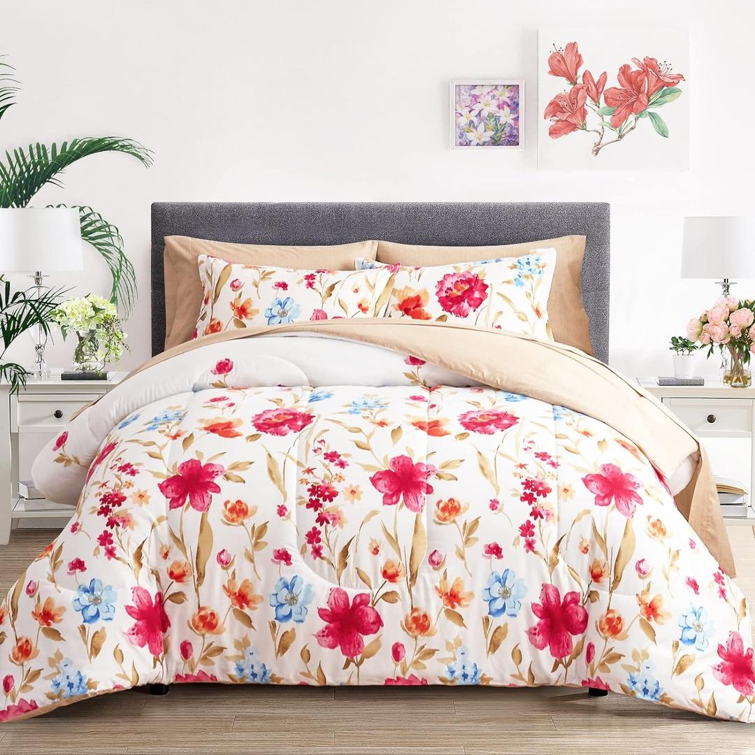 6 Piece Bed in a Bag Twin, Colorful Flower Golden Leaves Botanical Design, Microfiber Bedding Comforter Set for All Season (1 Comforter, 2 Pillow Shams, 1 Flat Sheet, 1 Fitted Sheet, 1 Pillowcase)