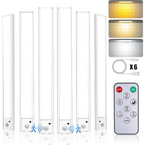 16 inch Under Cabinet Lighting with Remote, Motion Sensor Closet Light, 1500mAh Rechargeable Battery Dimmable 3 Color Temperature Magnetic Wireless for Kitchen, Shelf, Stairs, Wardrobe, 6 Pack
