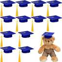Foilswirl 12 Pcs Mini Graduation Cap with Tassel Mini Plush Mason Jar Small Animal Bachelor Hat Photo Prop Party Supply(Blue Gold,4.33 x 4.33 Inch)