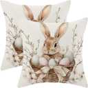 AEIOAE Easter Pillow Covers 18x18 Inch Set of 2,Cute Rabbit Bunny Throw Pillows Case,Pink Green Eggs Holiday Spring Outdoor Decor Cushion Covers Farmhouse Outdoor Decor for Sofa Bed