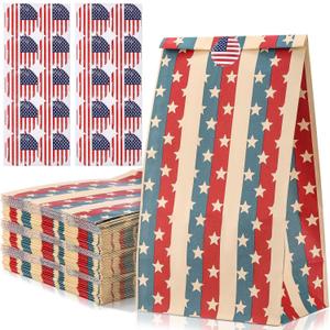 Kolldenn 60 Sets Patriotic Kraft Treat Bags with Stickers American Flag Stars Stripe Army Military Snack Goodie Gift Wrapping Bag for 4th of July Independence Veteran Day Memorial Party Favor