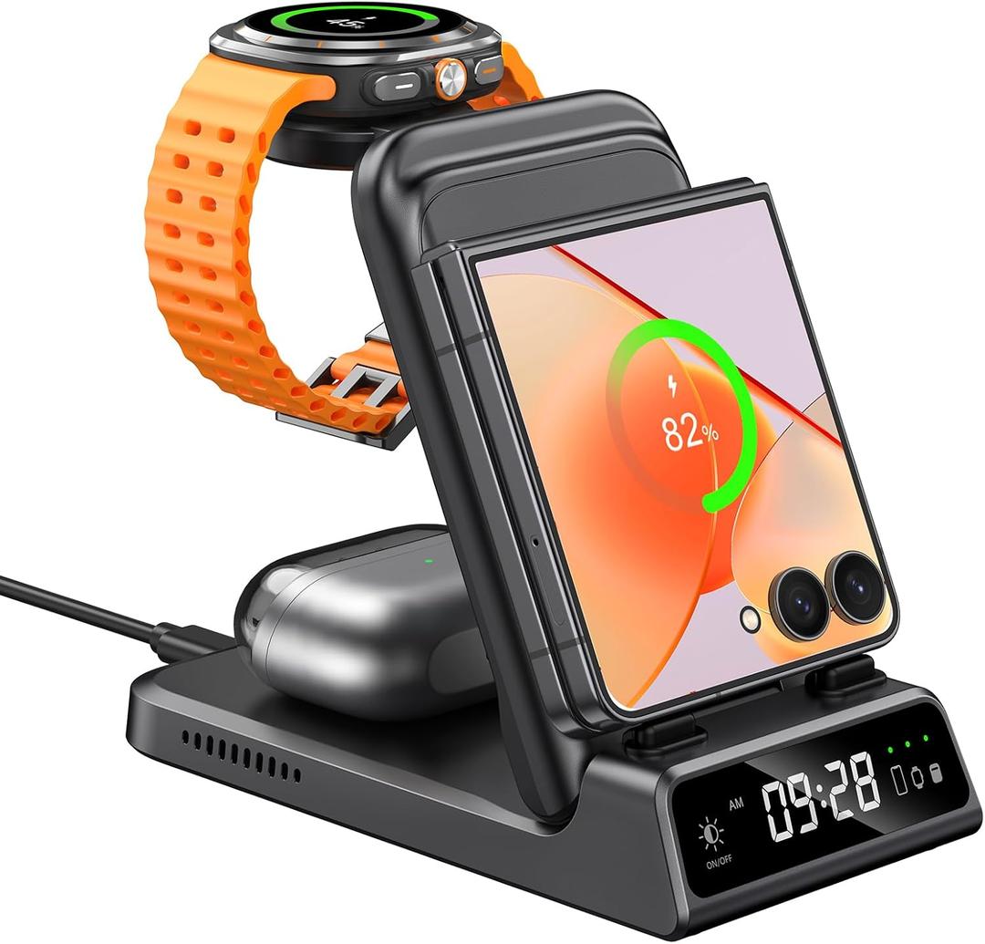 Charging Station for Samsung Z Flip 7/7 FE/6/5/4/3, SwanScout 703F, Wireless Charger for Samsung Galaxy Z Flip, Galaxy Watch 8/8 Classic/Ultra/7/6/6 Classic/5, Galaxy Buds 3 Pro/3/2 Pro (No Adapter)