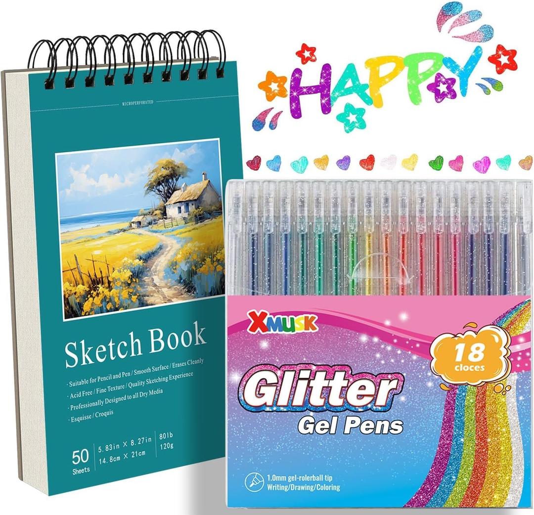 18 Colors Glitter Gel Pens Set with A5 Sketchbook (50 Sheets 120gsm) - Colored Gel Markers for Adult Coloring Book, Scrapbooking, Journaling, Card Making - Art Gift Set for Artists (XGP-18)