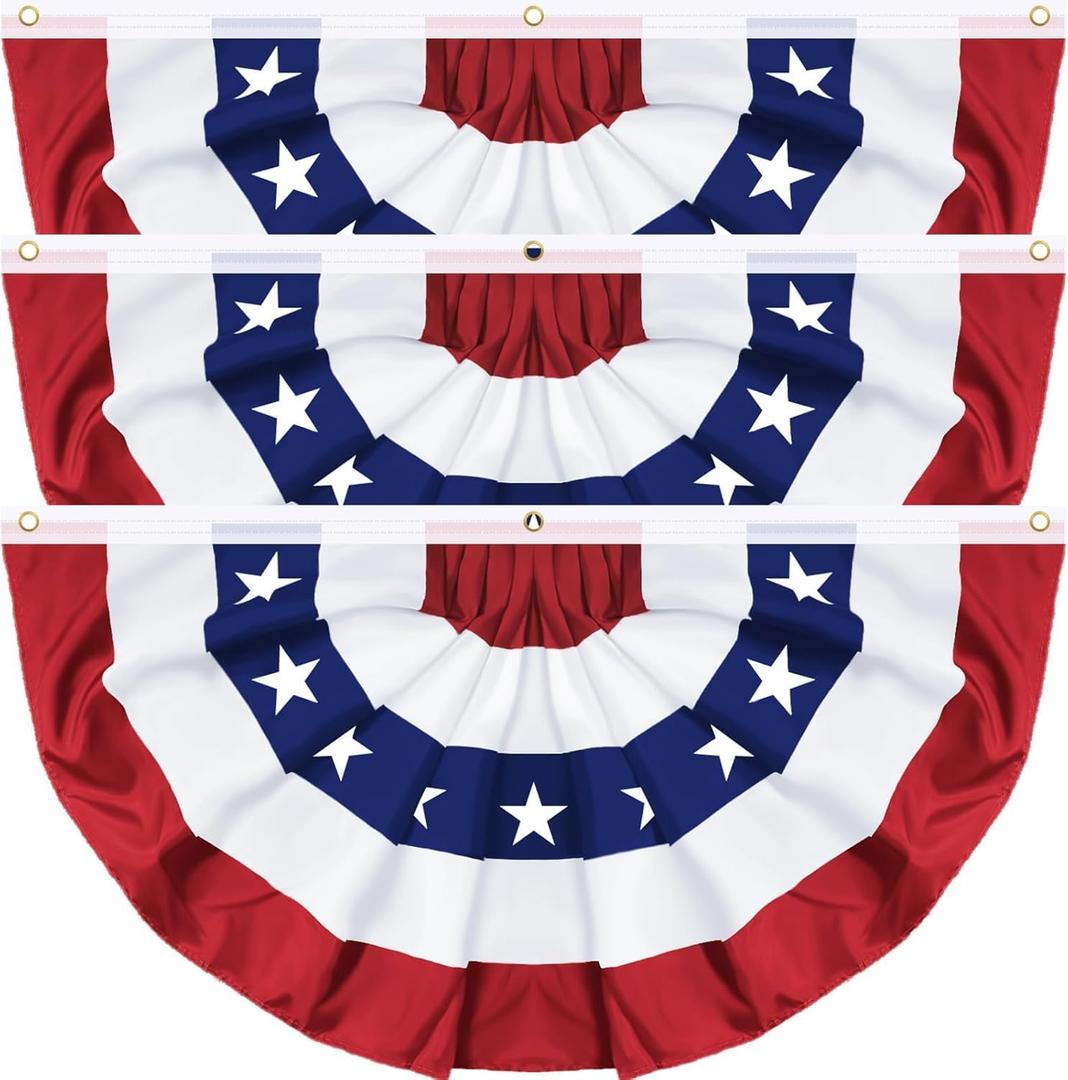 3 Pack Large Size 3 X 6 FT American Bunting Flag, 4th of July Decorations USA Pleated Fan Flag Patriotic Half Fan Banner Flags 100% polyester Fourth of July Independence Day Memorial Day Outdoor Decor