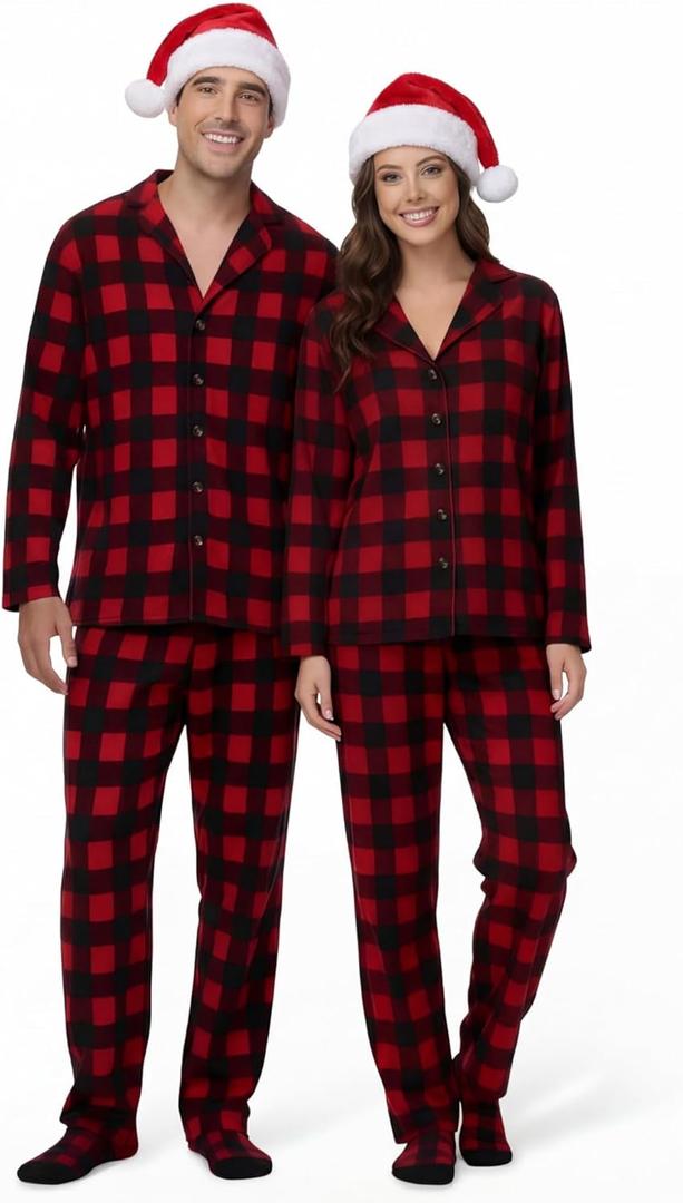 Christmas Couples Pajamas Matching Set Family Pajama Xmas Fleece Button Plaid Sleepwear with Sock and Christmas Hat (Small, Women)