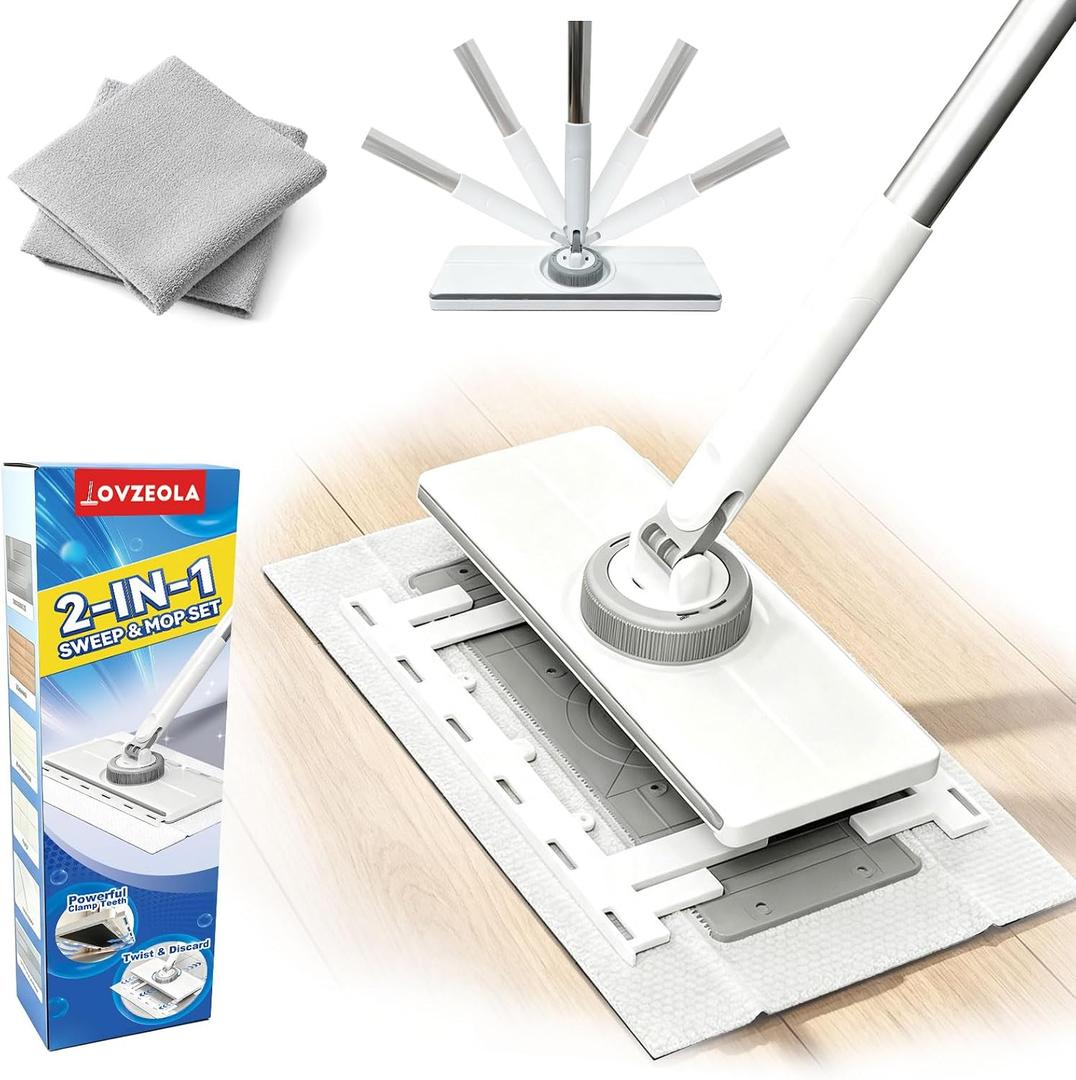 13" Wide Flat Mop with Snap-Grip Cloth Lock, Disposable Clamp Mop | Sweeper & Mop Kit with Dry and Wet Multi-Surface Floor Cleaner, Includes 2 Reusable Cloths, Ideal for Hardwood, Tile Floor
