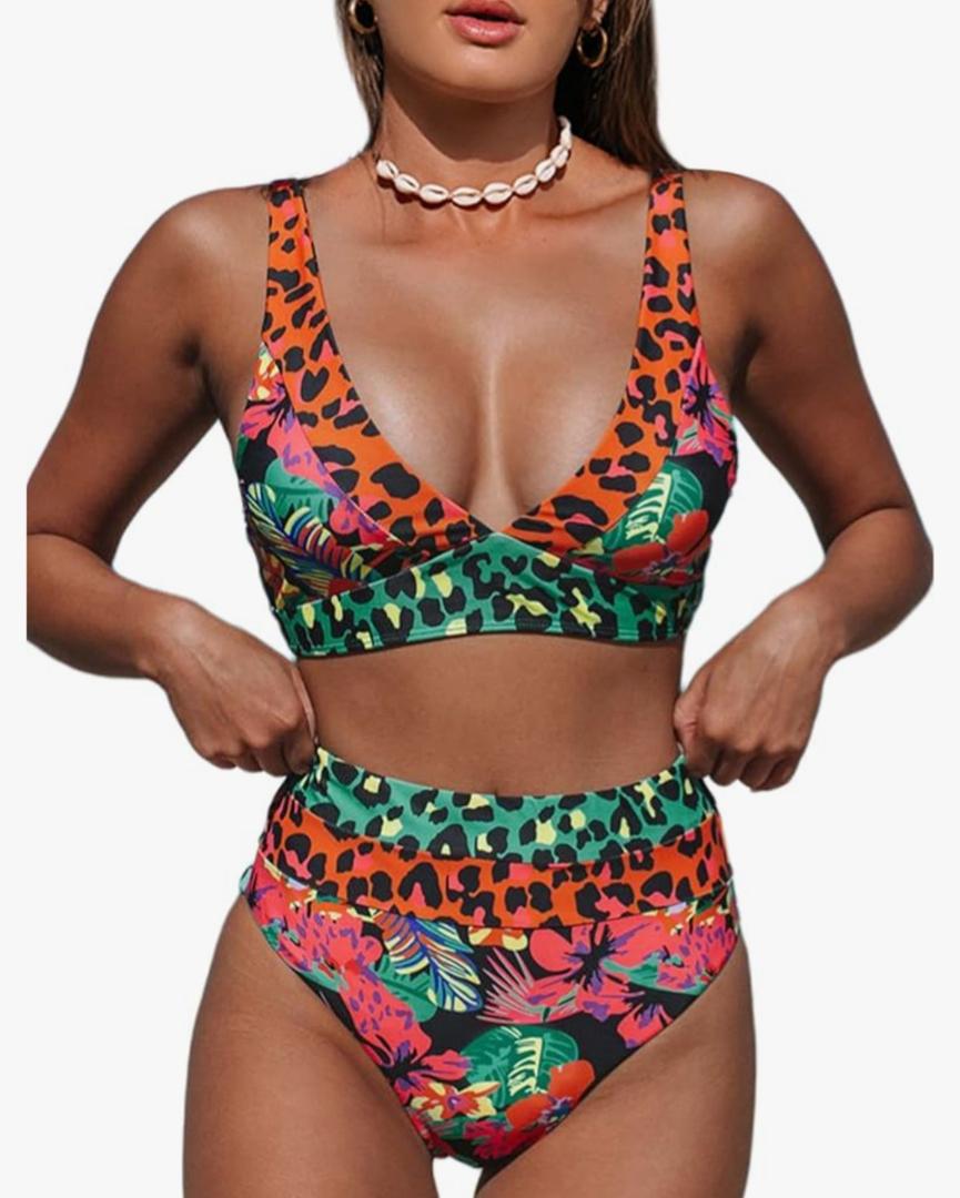 Hilinker Women's Leopard Bikini Swimsuits V Neck High Waisted 2 Piece Bathing Suits, Size: M