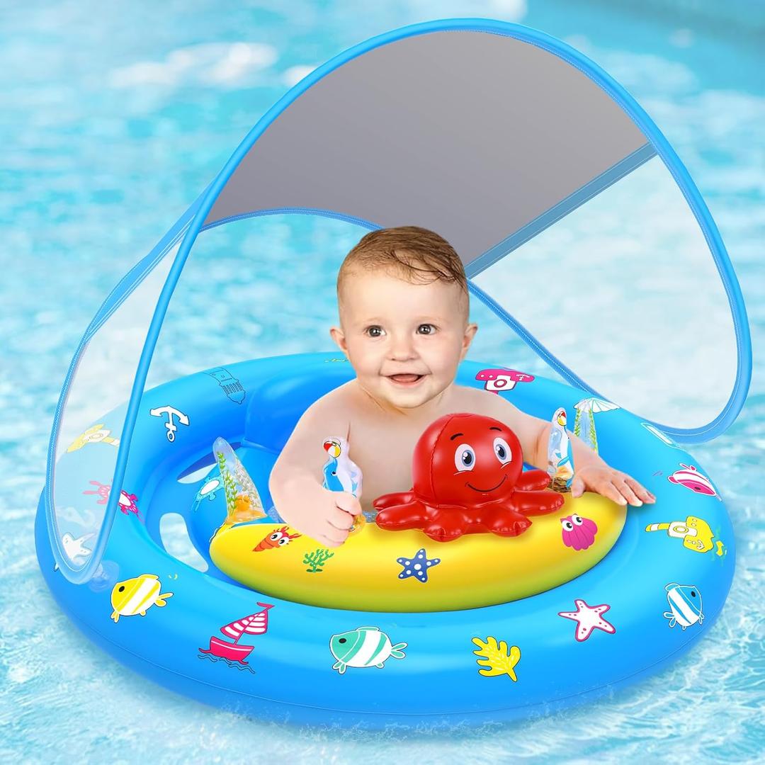 Baby Pool Float with Canopy, Inflatable Baby Swim Float with UPF50+ Sun Protection, Toddler Infant Pool Float with Toy Play Console Adjustable Safety Seat for Kids Girls Boys Aged 6-36 Months (Blue)