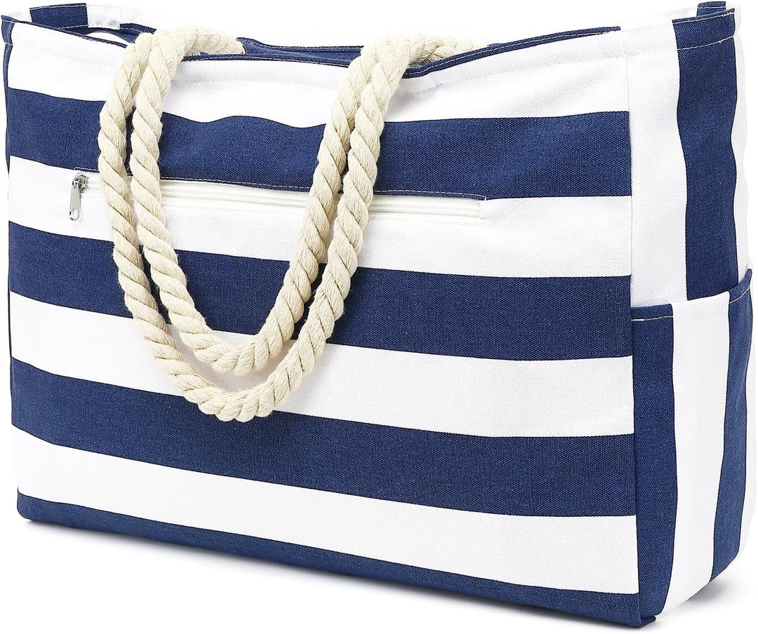 Large Beach Bag for Women, Waterproof Travel Tote Bag with Lunch/Wet Pocket for Weekender, Sandproof, Zipper Closure (Canvas,large - Dark Blue)