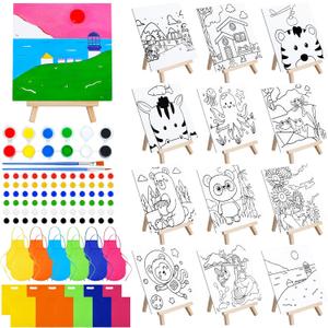 Tenceur 48 Pcs Kids Paint Party Favors Sets with 12 Pcs Animals Pre Drawn Canvas Panel and Wooden Easel Set Paint Pots and Brushes 12 Mini Apron and Tote Bag for Kids Girls Student Boys