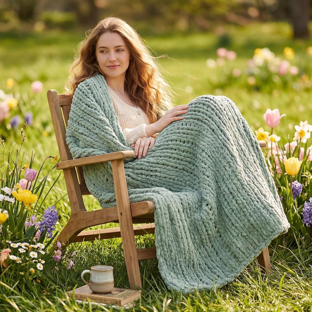 Amlie Home Chunky Knit Throw Blanket for Couch, Soft Chenille Handmade Crochet Throw Rope Knot Blanket for Couch, 50"x60", Sage Green