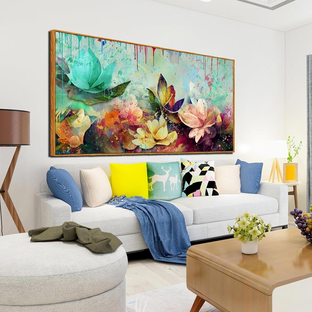 Flower Wall Art for Living Room, Framed Floral Canvas Wall-Art for Bedroom, Watercolor Lotus Print, Large Size 59x29 Inches