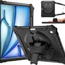 ZtotopCases for New iPad Air 13 inch Case (M3 2025/M2 2024) with Pencil Holder, Shockproof Full Body Drop Protective Cover with 360 Rotating Hand Strap & Stand, Black