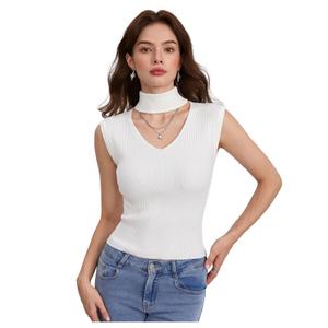 WDIRARA Women's Cut Out Mock Neck Sweater Vest Cap Sleeve Pullover Elegant Knit Tops (White, XL)