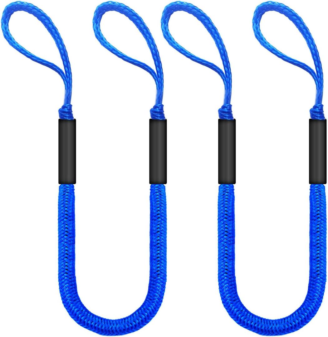 2-Pack Bungee Dock Lines for Boats with Loops, Boat Tie Downs for Docking, Adjustable Boat Mooring Rope for Pontoon, Jon Boat & PWC (Blue, 4 FT)
