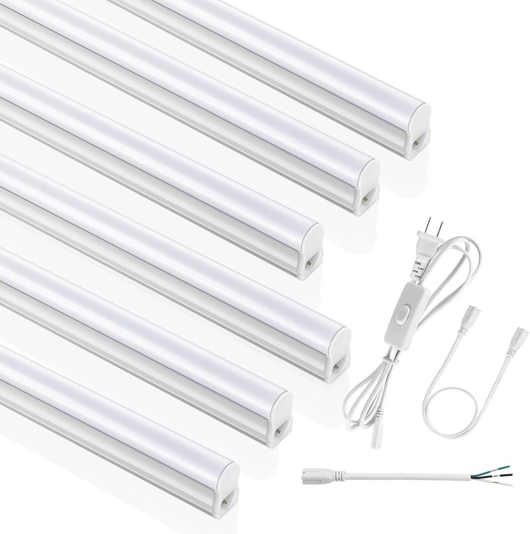 (6 Pack) 4FT T5 LED Integrated Fixture, 6500K,20W,2300LM(Super Bright White) Linkable LED Shop Light,Garage Ceiling and Cabinet Light,Strip Light,Corded Electric with ON/Off Switch