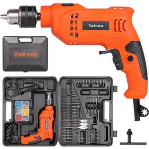 4.5Amp 1/2-inch Corded Impact Drill Hammer Drill with 105pcs Accessories, Variable Speed 0-3000, Hammer and Drill 2 Functions in 1, 360Rotating Handle, Depth Gauge, Carrying Case Included