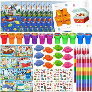 Cinrobiye 72 Pcs Gone Fishing Party Coloring Book with Crayons Bulk,Summer Fishing Party Favors Goodie Bags Fillers,Little Fisherman Birthday Supplies Face Stickers Tattoo Prizes Gift for Summer Party