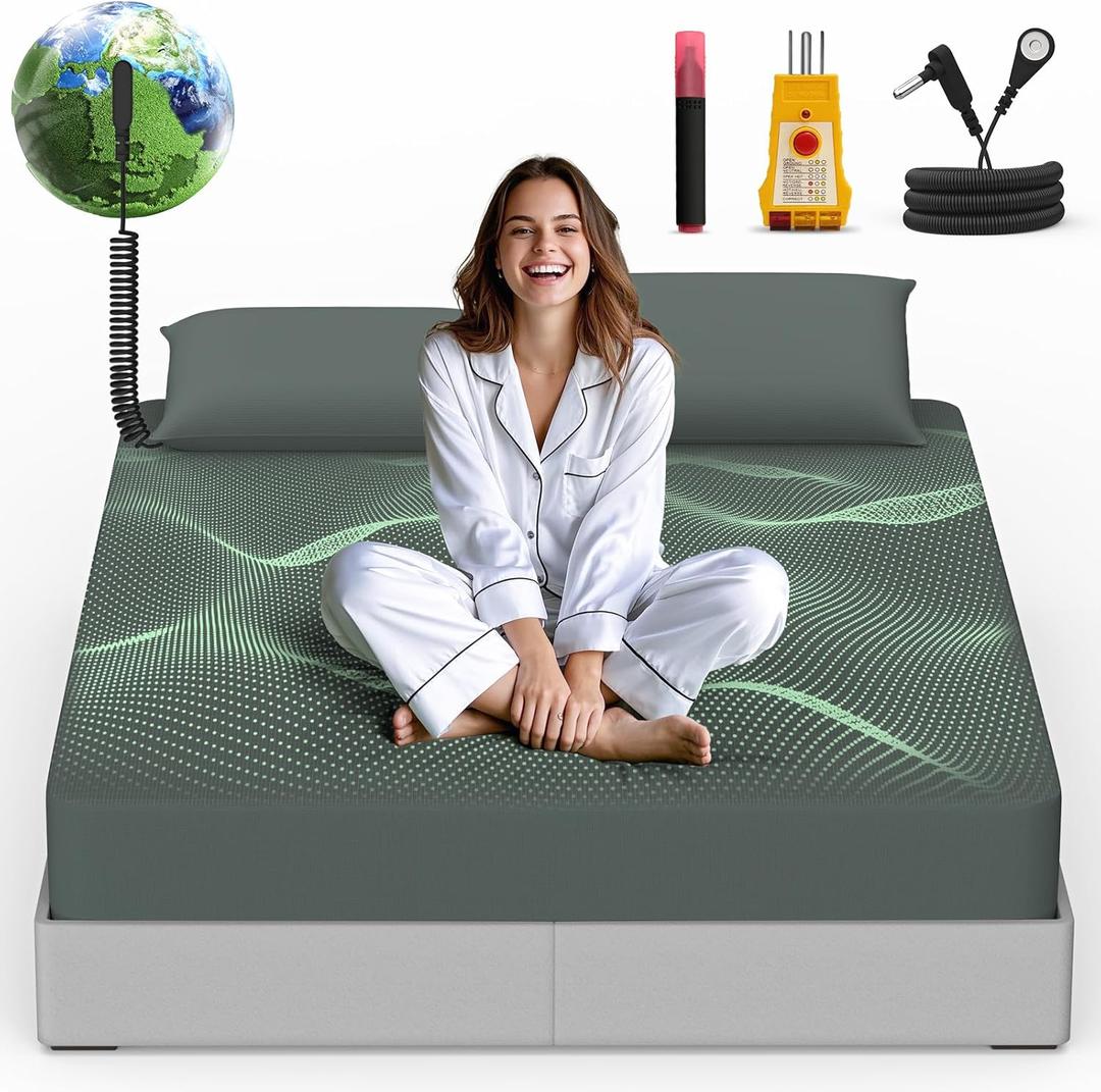 Reaks Grounding Sheets King Size, 95% Cotton + 5% Pure Silver Fiber, Fitted Bed Sheet with Deep Pocket Up to 15'', Earthing Mattress Pad with Grounding Cord