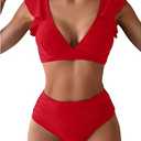 Women's 2 Piece Bikini Set Plunge Neck Ruffle Bikini Swimsuit Ruched High Waisted Bathing Suit, Size: Small