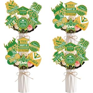 2026 Graduation Decorations with Sticks, 24 Pcs Green Gold Class of 2026 Graduation Centerpieces for Tables, Congrats Grad Table Toppers for Graduation Party Supplies