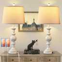 SRJJRS Farmhouse Lamp for Bedroom Set of 2, Rustic Table Lamp with Dual USB Charging Ports, 28" Tall Table Lamps with Linen Shade for Living Room, Bulb Not Included (Rotary Switch-off white)