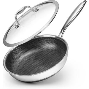 10.5 inch Frying Pan Nonstick with Lid, 2.5 Qt Deep Non Stick Stainless Steel Saut Pan Skillet, Dishwasher and Oven Safe, Compatible with All Cooktops