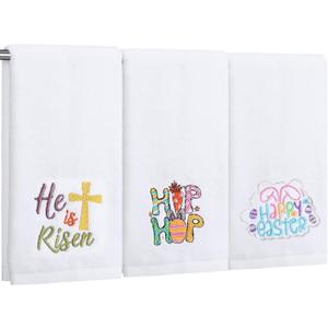 3 Pcs Embroidered Easter Hand Towels Cotton 14 x 30 Inch Happy Easter Bathroom Kitchen Bunny Decorative Dish Towel for Hand Drying Cleaning Cooking Housewarming Gift (White)