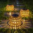VIHOSE 6 Pack Solar Lantern Outdoor Waterproof Rattan, Flat Round Style