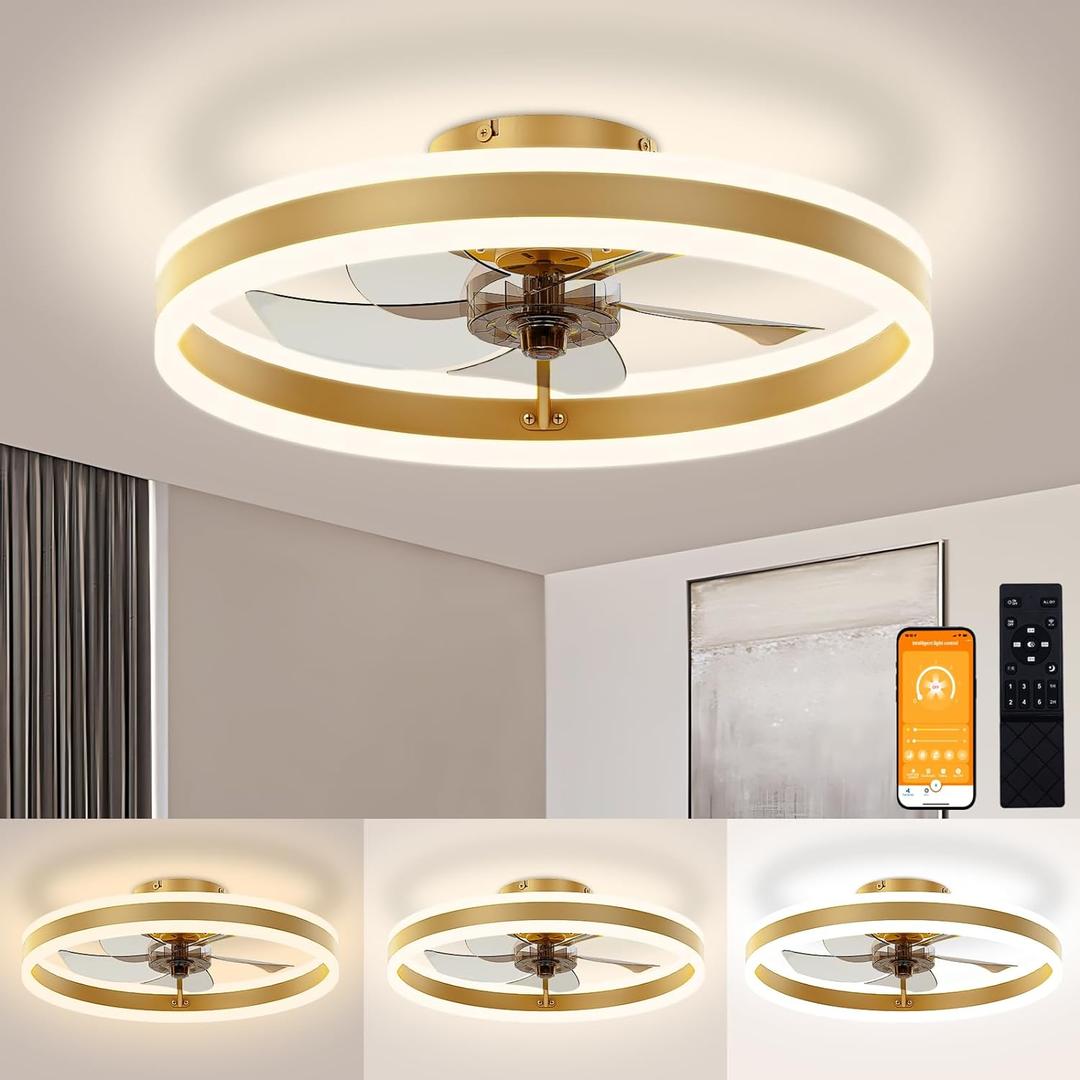 VOLISUN Low Profile Ceiling Fans with Lights and Remote, 19.7in Flush Mount Ceiling Fans with Light, 3000K-6500K Dimmable Fandelier LED Fan Light, Gold Bladeless Ceiling Fans with Lights for Bedroom