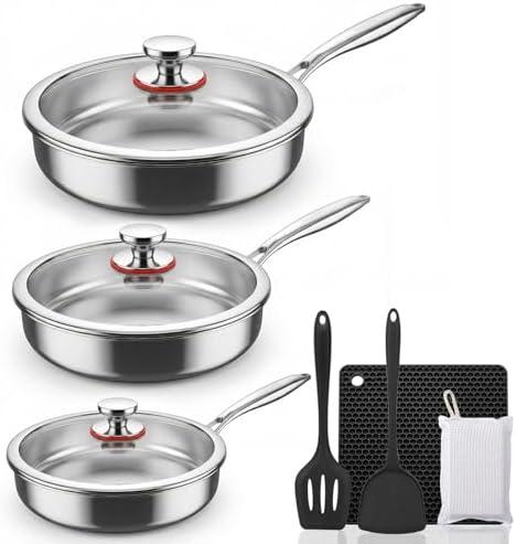 KEGDAN Tri-Ply Stainless Steel Frying Pan Set With Lids, 13pcs Stainless Steel Cookware Set with Detachable Handle, Induction Compatible Skillets for All Stovetops, Dishwasher and Oven Safe, Sliver