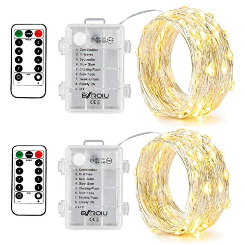 BXROIU 2 x Fairy Lights Battery Operated,Silver Wire Chains 8 Mode 16Ft/5Meter 50 LEDs Timer String Lights with Remote Control for Bedroom Christmas Party Wedding Decoration(Warm White)