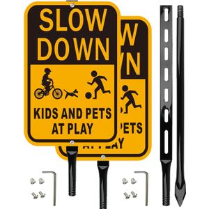 Slow Down Kids at Play Safety Signs, Yellow and Black, Reflective Aluminum, 14x10 Inches, 2 Pack with 36-Inch Metal Stakes