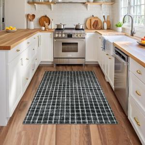 4 x 6 Rug Non-Slip Washable Low-Pile Carpet - Checkered Braided Geometric Print for Bedroom Living Room Nursery Kitchen Entryway Indoor Use Black