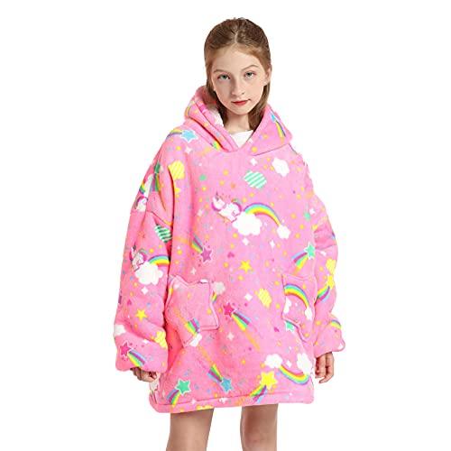 Wearable Blanket Hoodie for Kids 4-12YR Oversized Animal Hooded Blanket Super Soft Comfortable Warm Flannel Rainbow Unicorn