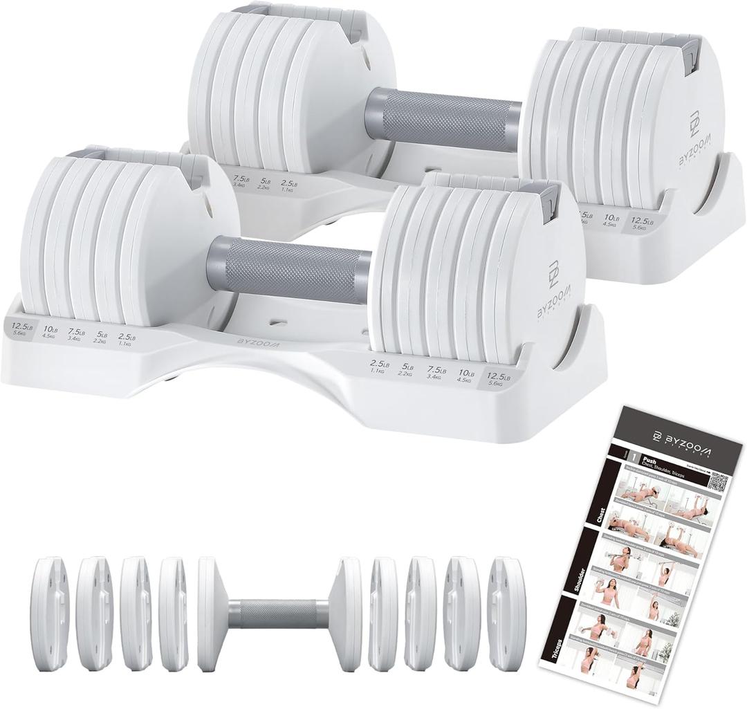 BYZOOM FITNESS Pure Series Adjustable Dumbbell - 12.5/25/27.5/75lb - SINGLE UNIT OR PAIR(check QTY before purchase) - 5-in-1/ 10-in-1 / 21-in-1 Flexible Hand Weights for Home Gym, Strength Training & Fitness Workouts, White OR Black
