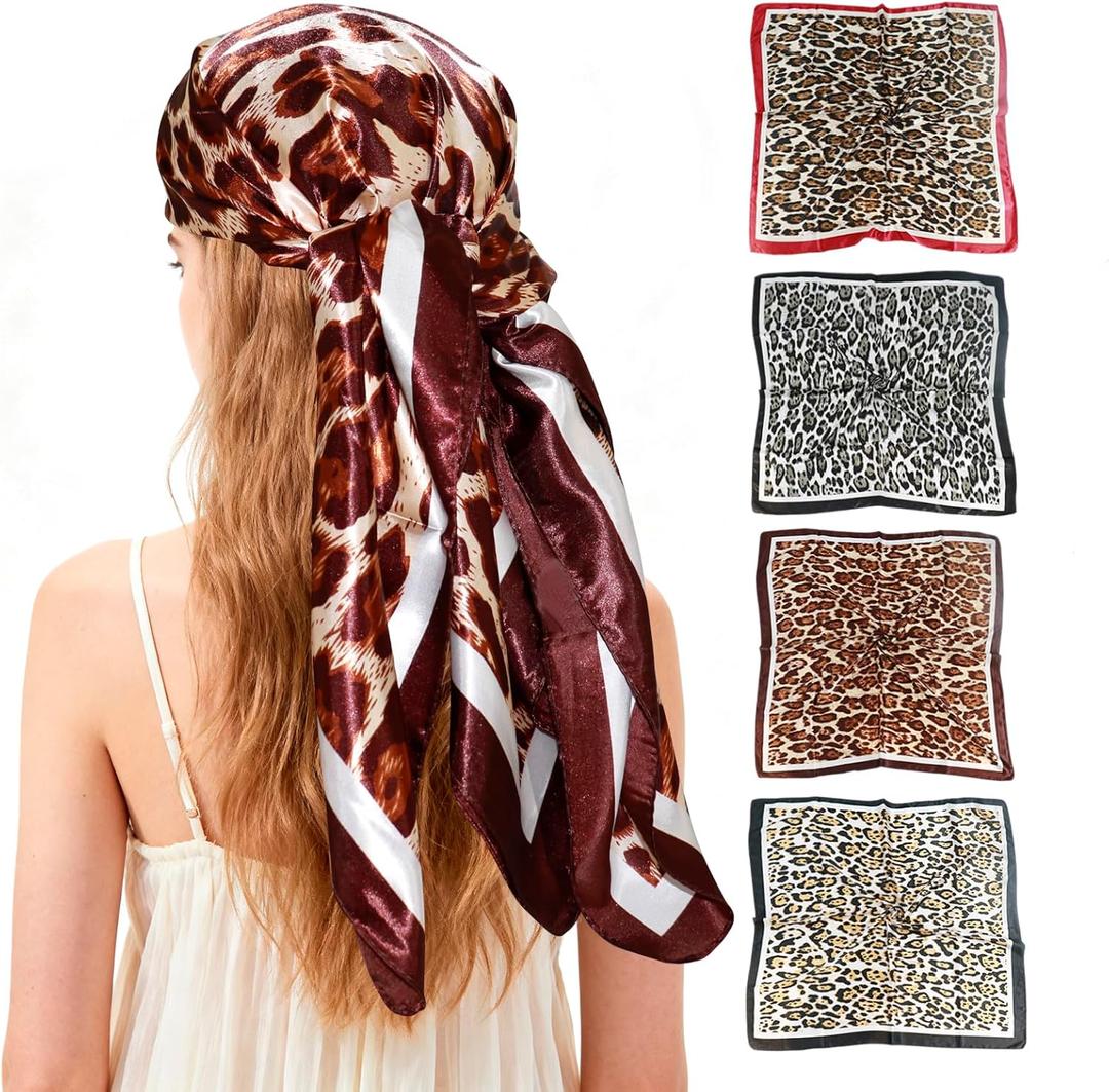 Ciormis 35" Silk Head Scarf for Women, 4 Pcs Satin Hair Scarf Square Silk Bandana Top Neck Scarves Hair Wraps for Sleeping (H1-leopard-set11)