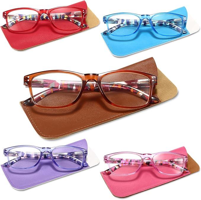 Reading Glasses Blue Light Blocking, Computer Glasses for Women Men, Fashion Square Eyeglasses 5 Pairs +1.5