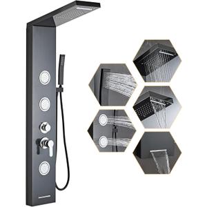 Shower Panel Tower System 5-in-1 Shower Panel Tower with Powerful Body Massage, Rainfall, Waterfall,Handheld and Tub Spout, Stainless Steel Shower Column - Brushed Black, ‎49.21 x 7.87 x 2.56 inches