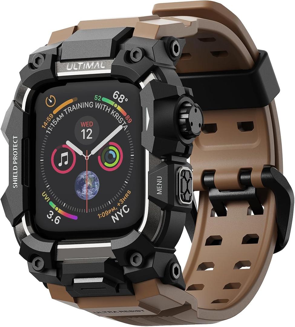 ULTIMAL Rugged Case with Band for Apple Watch 44mm,Compatible with Apple Watch Series SE 3/SE 2/SE Generation/6/5/4, Military Grade Shockproof Bumper Cover for iWatch Tactical Band Men (Coffee Brown, 44mm)