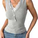 SOLY HUX Women's Lace Trim Tank Top V Neck Sleeveless Button Ribbed Knit Casual Summer Tops (M)