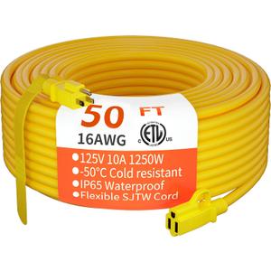 HUANCHAIN Indoor Outdoor Extension Cord 50 ft Waterproof, 16/3 Gauge Flexible Resistant Appliance Extension Cord Outside, 13A 1625W 16AWG SJTW, 3 Prong Heavy Duty Electric Cable Yellow, ETL