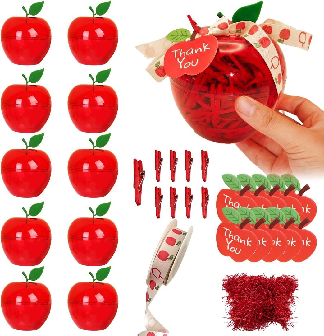 10 Sets Large Plastic Apple Containers for Teacher Appreciation Gifts Red Apple Shaped Candy Jar with Thank You Cards, Apple Ribbon Raffia for Teacher Appreciation Week & Graduation Party Decoration