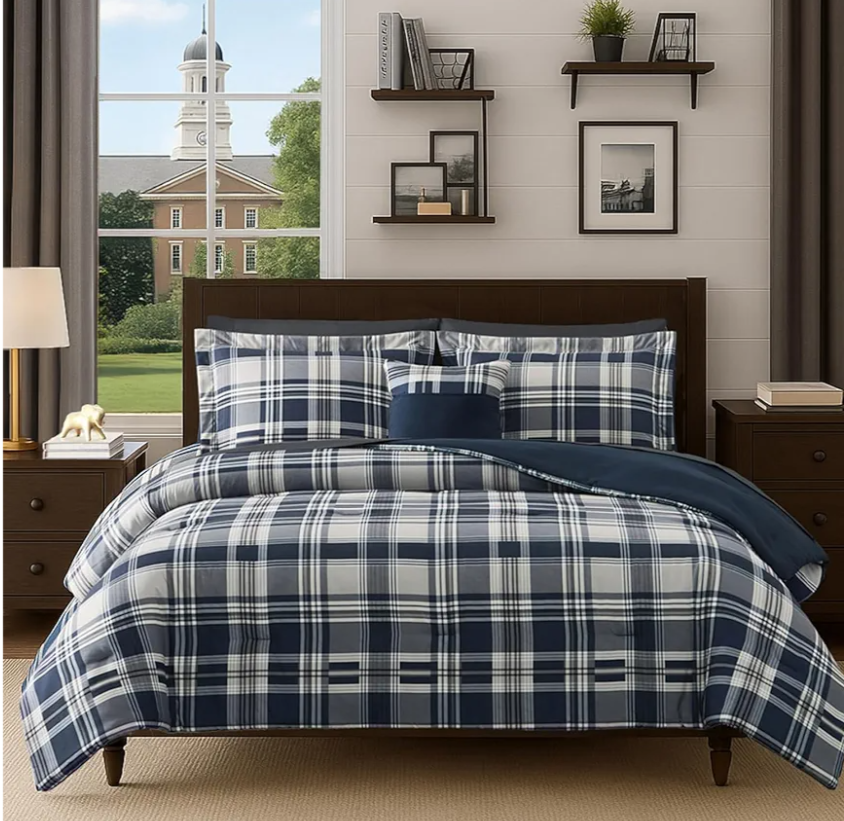 MaiRêve Full Size Comforter Set Navy Blue, Plaid Design Comforter Set 7 Pieces, All Season Comfortable Bedding Sets Full, Lightweight, Soft and Warm (Navy Blue, Full)