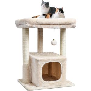 SYANDLVY 27" Cat Tree for Indoor Cats, Activity Tower with Scratching Posts, Modern Kitten Condo with Plush Perch & Hanging Ball for Play, Beige