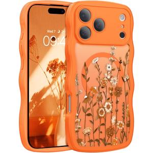 GUAGUA for iPhone 17 Pro Max Case, Magnetic Cases Cute Flower Pattern Wavy Edge Full Camera Protection Anti-Slip Bumper Women Girls Boys Slim Phone Case for iPhone 17 Pro Max 6.9'', Cosmic Orange