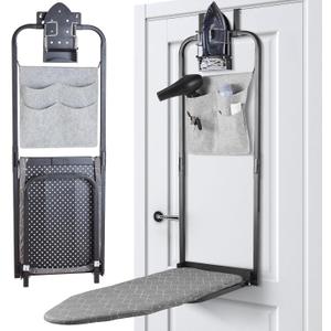 Seiritex Over the Door Ironing Board 14x42 inches with Iron Holder and Pocket Storage Bag, Hanging Iron Board for Home Laundry Room, Black
