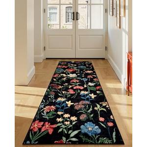 GarveeHome 2x6 Runner Rug for Hallway, Floral Washable Area Rugs Low Pile, Soft Non Slip Vintage Carpet for Living Room, Bedroom, Kitchen, Dining Room, Black