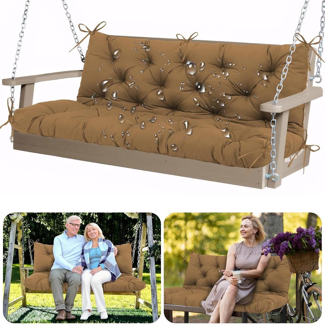 Extra Thick 5" Porch Swing Cushions 2-3 Seater Replacement Brown Waterproof 60 inch x 40 Bench Cushions with Backrest & 8 Ties Swing Cushions for Outdoor Furniture Patio Garden