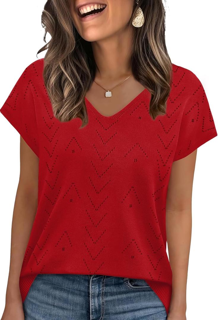WIHOLL Short Sleeve Sweater for Women V Neck Trendy Cute Tops Business Casual Outfits Cap Sleeve (Small, Red)